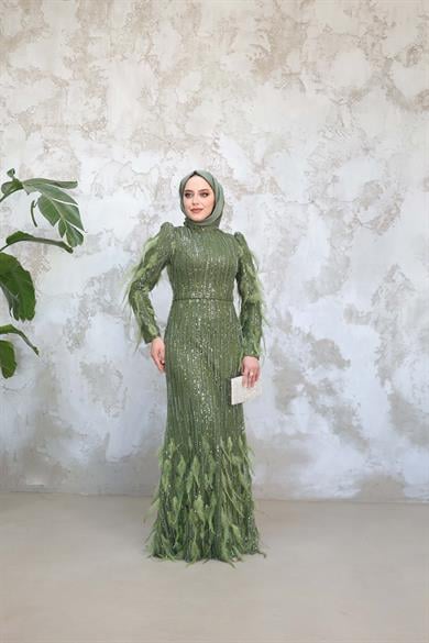 Özel Tasarım Tüy Detay Abiye - Haki