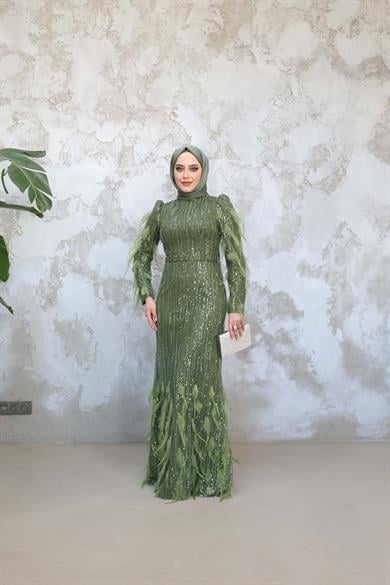 Özel Tasarım Tüy Detay Abiye - Haki