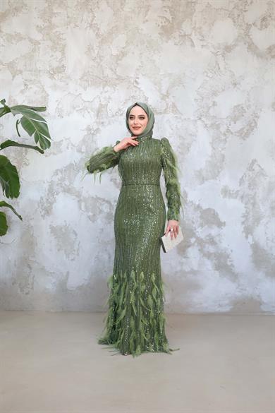 Özel Tasarım Tüy Detay Abiye - Haki