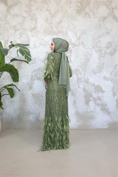 Özel Tasarım Tüy Detay Abiye - Haki