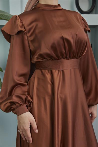 Shoulder Detailed Belted Evening Dress - Brown