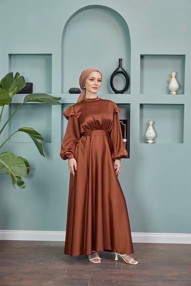 Shoulder Detailed Belted Evening Dress - Brown