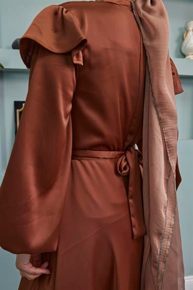 Shoulder Detailed Belted Evening Dress - Brown
