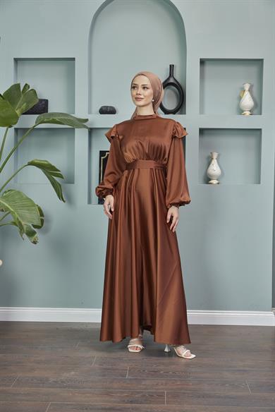 Shoulder Detailed Belted Evening Dress - Brown
