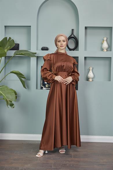 Shoulder Detailed Belted Evening Dress - Brown