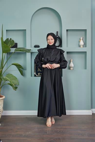 Shoulder Detailed Belted Evening Dress - Black