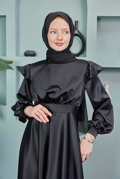 Shoulder Detailed Belted Evening Dress - Black