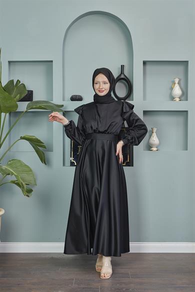 Shoulder Detailed Belted Evening Dress - Black