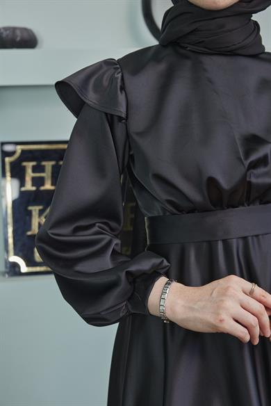 Shoulder Detailed Belted Evening Dress - Black