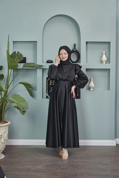 Shoulder Detailed Belted Evening Dress - Black