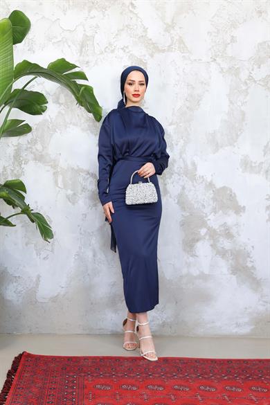 Omuz Detaylı Saten Abiye - Lacivert