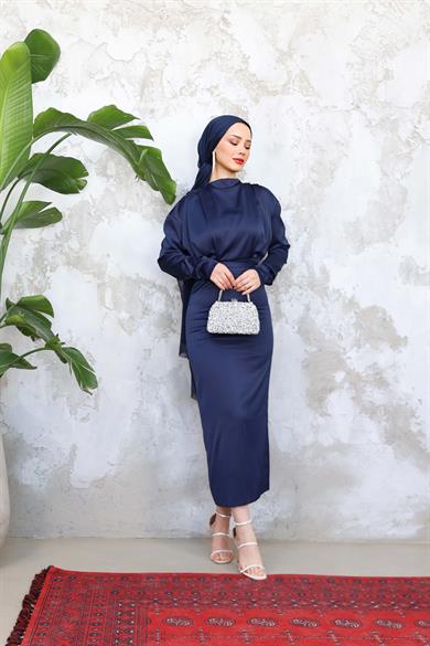 Omuz Detaylı Saten Abiye - Lacivert