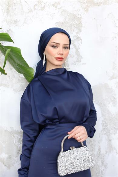 Omuz Detaylı Saten Abiye - Lacivert