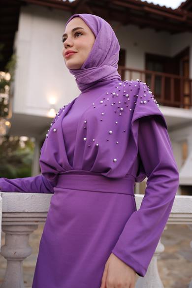 Omuz Taş Detaylı Krep Abiye - Lila