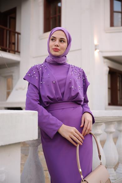 Omuz Taş Detaylı Krep Abiye - Lila