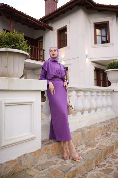 Omuz Taş Detaylı Krep Abiye - Lila