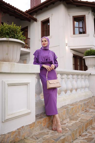 Omuz Taş Detaylı Krep Abiye - Lila