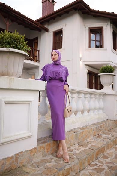 Omuz Taş Detaylı Krep Abiye - Lila