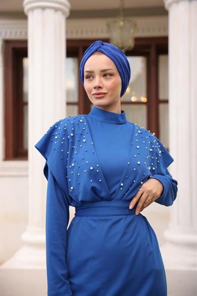 Omuz Taş Detaylı Krep Abiye - Saks Mavi