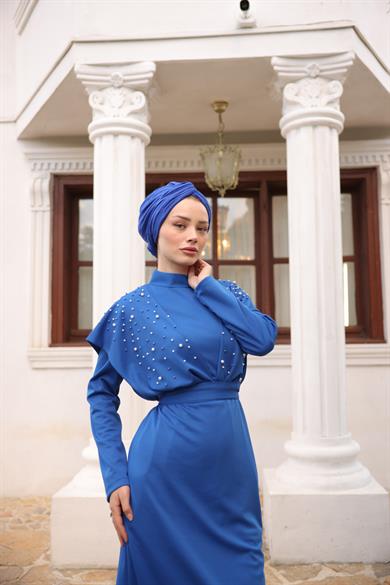 Omuz Taş Detaylı Krep Abiye - Saks Mavi