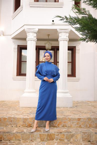 Omuz Taş Detaylı Krep Abiye - Saks Mavi