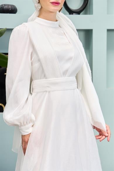 Shoulder to Waist Belted Evening Dress - White