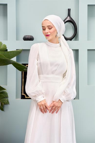 Shoulder to Waist Belted Evening Dress - White