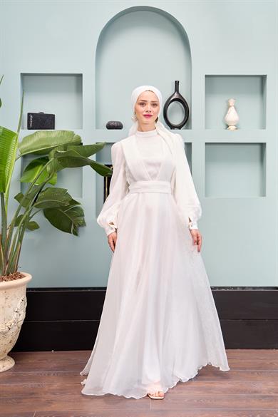 Shoulder to Waist Belted Evening Dress - White