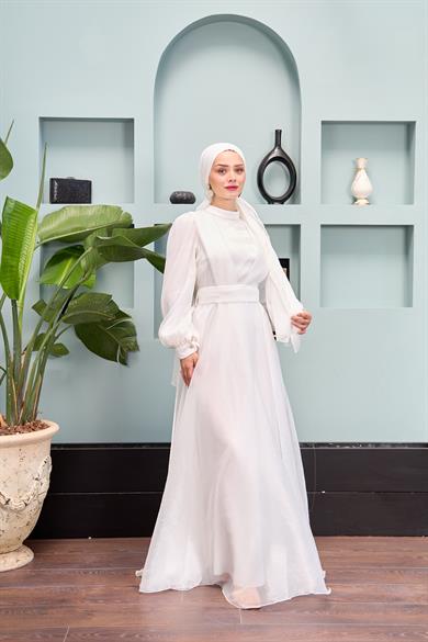 Shoulder to Waist Belted Evening Dress - White