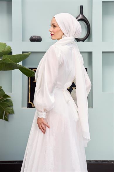 Shoulder to Waist Belted Evening Dress - White