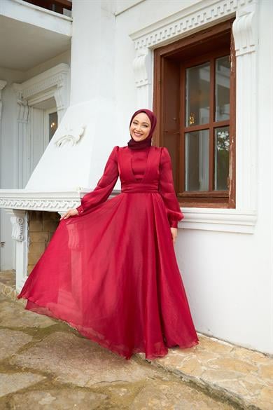 Shoulder to Waist Belted Evening Dress - Red