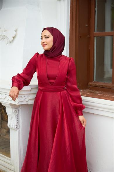 Shoulder to Waist Belted Evening Dress - Red