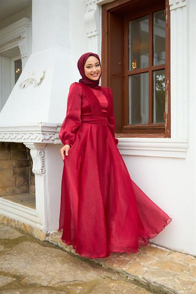 Shoulder to Waist Belted Evening Dress - Red