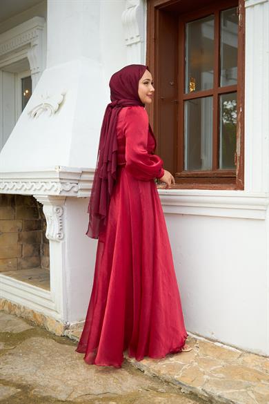 Shoulder to Waist Belted Evening Dress - Red