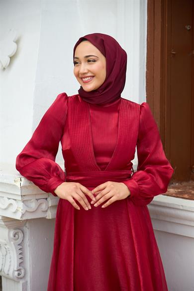 Shoulder to Waist Belted Evening Dress - Red