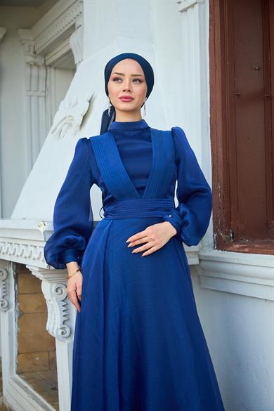 Shoulder to Waist Belted Evening Dress - Navy Blue