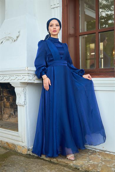 Shoulder to Waist Belted Evening Dress - Navy Blue