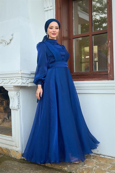 Shoulder to Waist Belted Evening Dress - Navy Blue