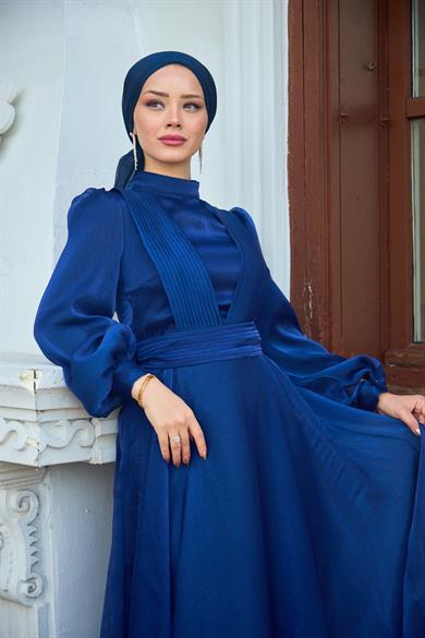 Shoulder to Waist Belted Evening Dress - Navy Blue