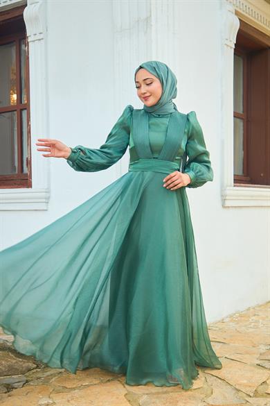 Shoulder to Waist Belted Evening Dress - Mint Green