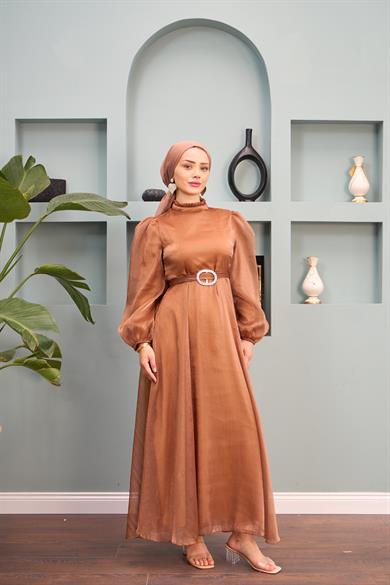 Belted Evening Dress with Tulle Shoulders - Copper