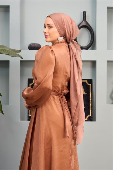 Belted Evening Dress with Tulle Shoulders - Copper