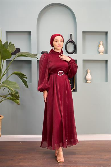 Tulle Shoulder Belted Evening Dress - Claret Red