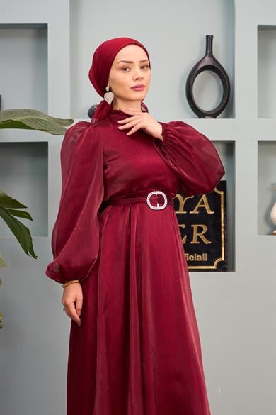 Tulle Shoulder Belted Evening Dress - Claret Red