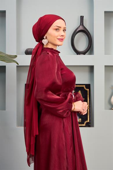 Tulle Shoulder Belted Evening Dress - Claret Red