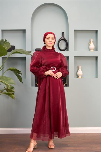 Tulle Shoulder Belted Evening Dress - Claret Red