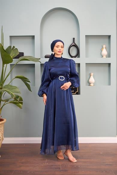 Tulle Shoulder Belted Evening Dress - Navy Blue