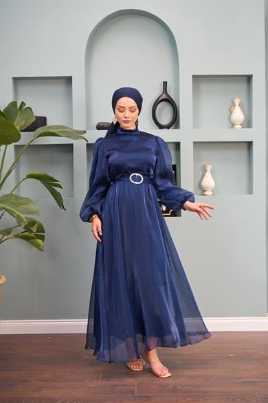 Tulle Shoulder Belted Evening Dress - Navy Blue