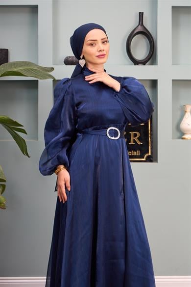 Tulle Shoulder Belted Evening Dress - Navy Blue