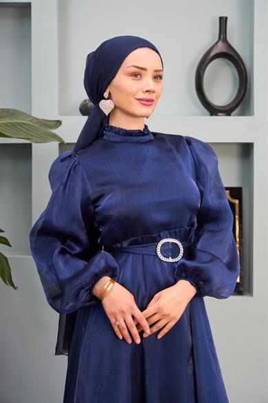 Tulle Shoulder Belted Evening Dress - Navy Blue